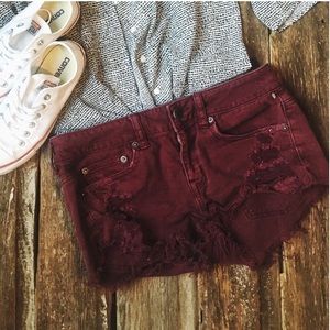 American Eagle Maroon Distressed Shorts